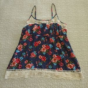 Almost Famous Tank Top, Women's Size L, Navy Blue/Polka Dot/Floral/Cream Crochet
